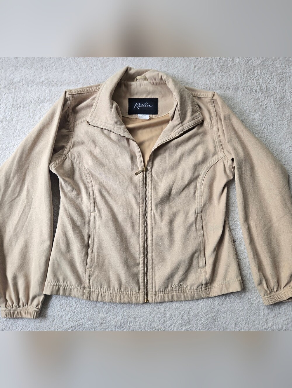 Kaelin Faux Suede Lightweight Women's Cream Zip-Front Bomber Style Jacket Sz L